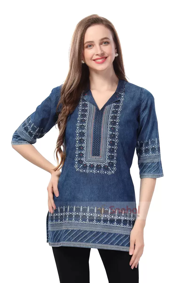 Designer Denim Short Top Charm in Denim Cloud Wash Print and Thread Work on Coat Collar Tunic